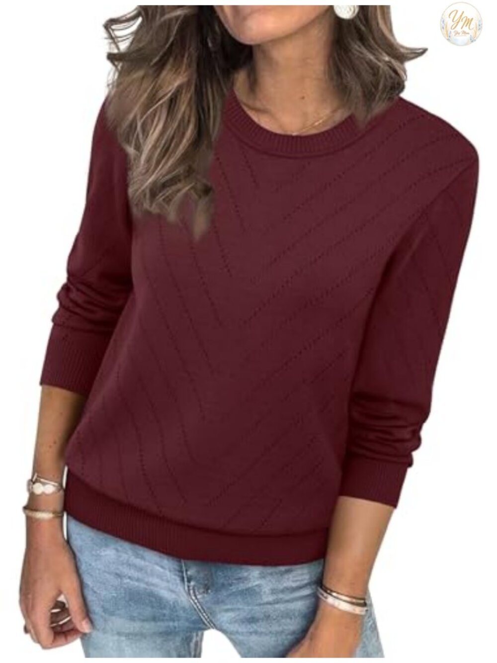 Sampeel Women's Crew Neck Long Sleeve Eyelet Knit Pullover Sweater
